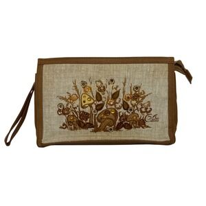 Vintage Enid Collins Mushroom Jewel Linen Wristlet Clutch Bag Brown Purse 1970s